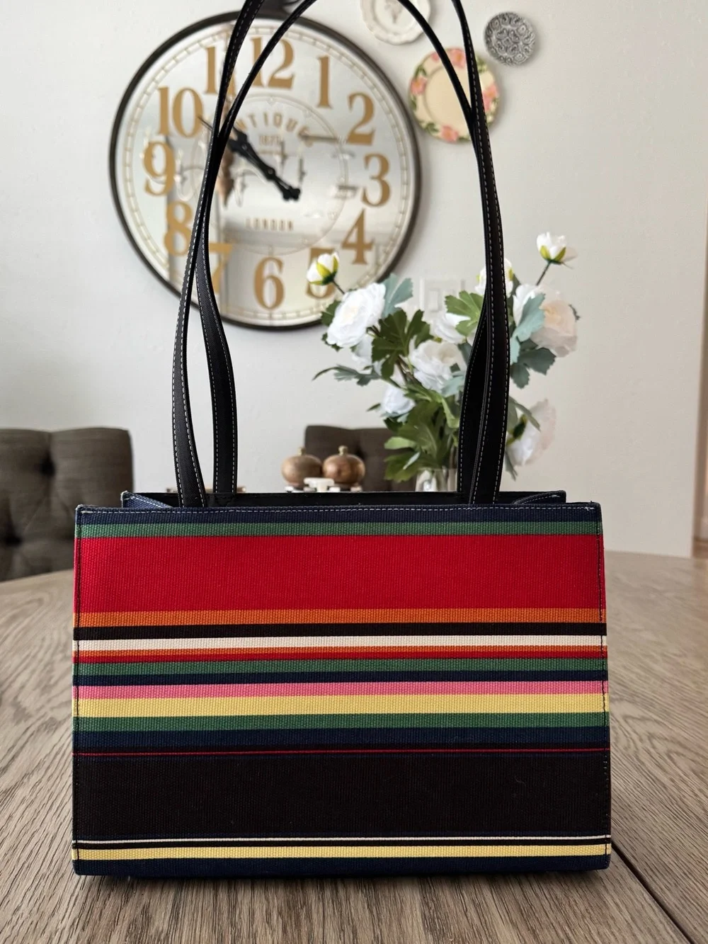 kate spade Vintage Multicolor Striped Canvas Tote with Black Trim